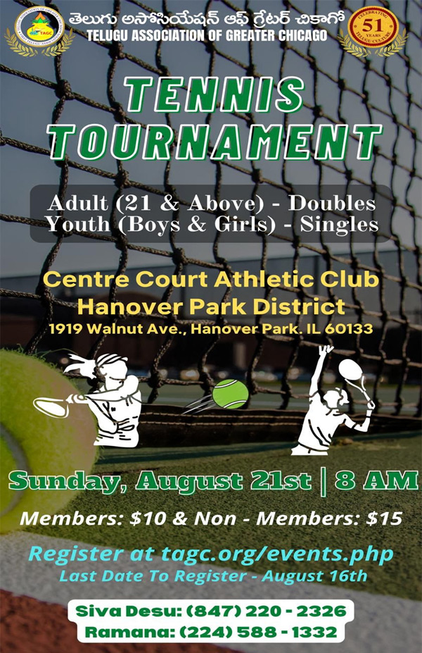 TAGC Tennis Tournament on Aug 21st